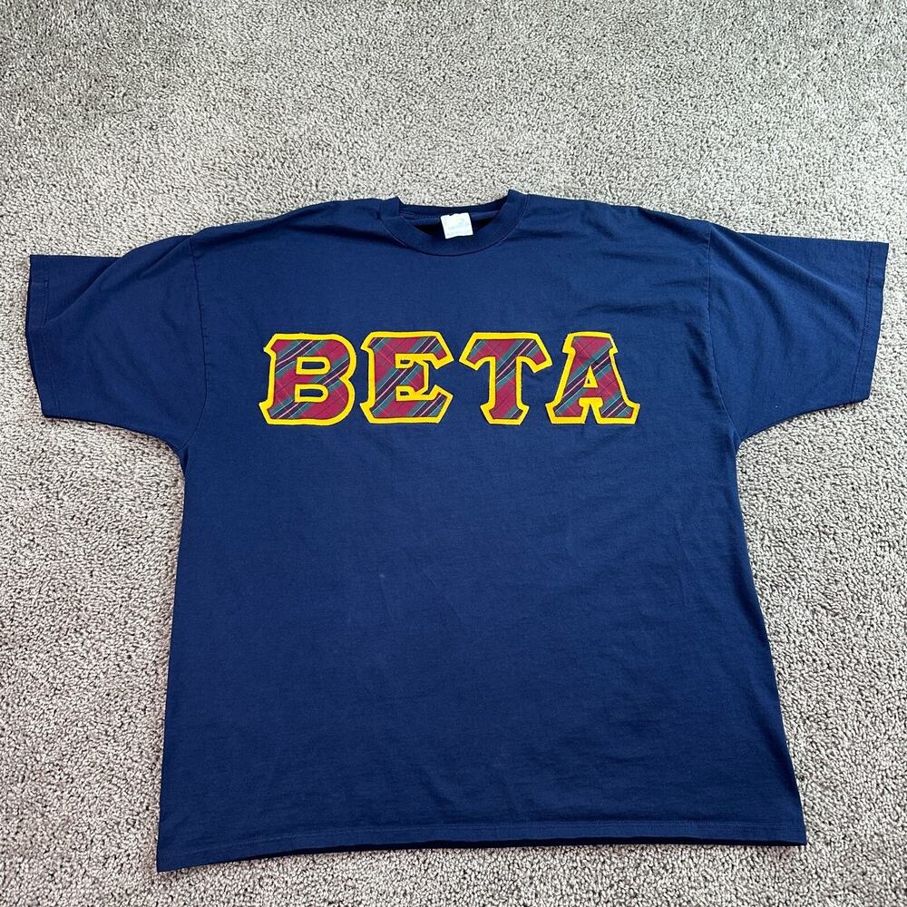 VINTAGE Beta Shirt Mens 2X Blue Yellow Plaid Stitched Short Sleeve Funny 90s *